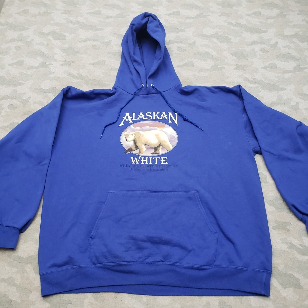 VTG Alaskan White Ale Hanes Sweatshirt Men XL Blue Pullover Hoodie Beer Bear 90s